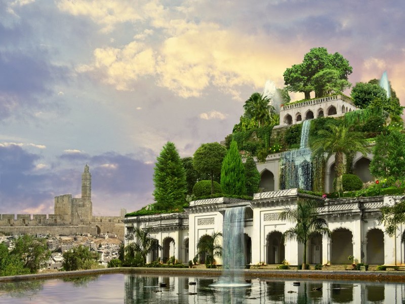 Висячие сады Семирамиды (Вавилон — Ирак, Месопотамия) — Сад чудес в Дубае (Дубай, Арабские Эмираты).