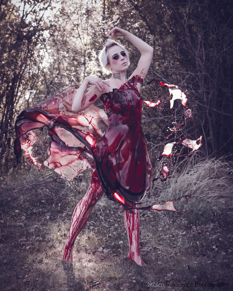 Художница из Эдмонда Мелисса Троттер превратила ведра фальшивой крови в потрясающее платье, используя свою камеру и немного компьютерной обработки.  