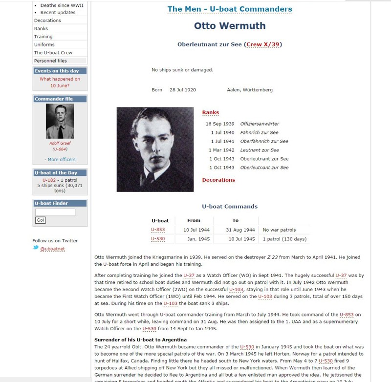 Отто Вермут, Otto Wermuth - командир U-530!