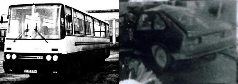 Фотографии с места гибели Виктора Цоя: Икарус, разбитый автомобиль.