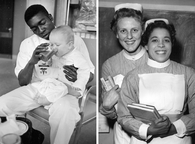 Медбрат (слева) кормит малыша (U.S. Air Force Hospital, Саффолк, Англия, 1965 г.) Медсестры (справа) после церемонии награждения за успехи в медицине (Hospital of St John and St Elizabeth, Лондон)