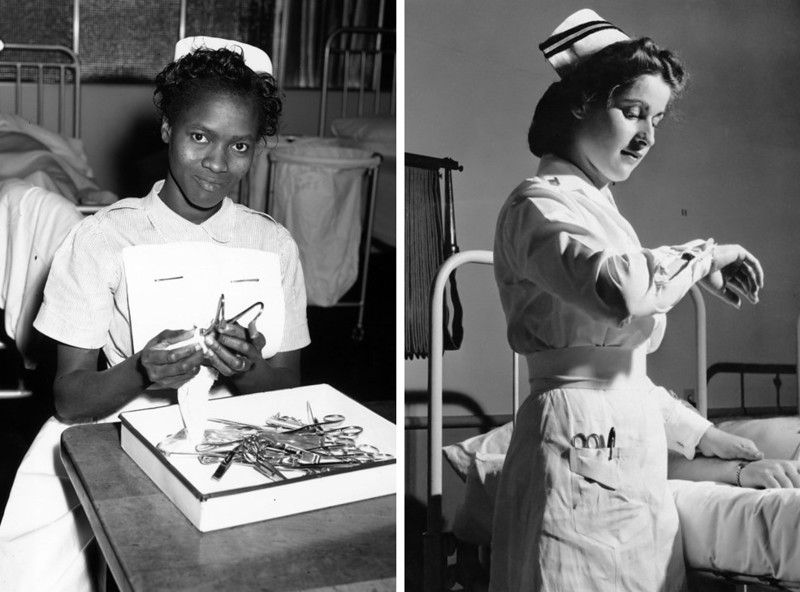 Слева - медсестра чистит хирургические инструменты (Brook General Hospital, Лондон, 1958 г.) Справа - медсестра меряет пульс пациента (U.S. Naval hospital, Техас, 1955 г.)