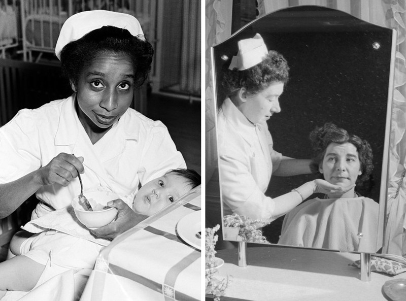 Слева: медсестра кормит малыша (1959 г.) Справа: Медсестра готовит пациентку к косметической процедуре (Saint Matthew’s Hospital, Личфилд, Англия)