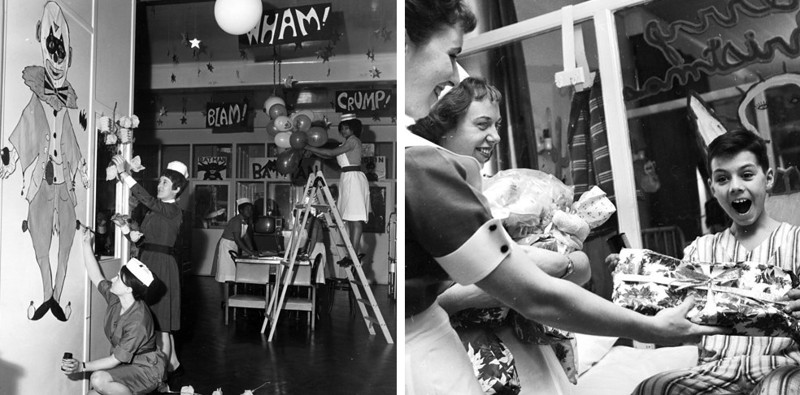 Медсестры Кенсингтонской детской больницы в Лондоне (слева) украшают больницу к рождественским праздникам (1966 г.) Маленький мальчик (справа) в педиатрическом отделении больницы Ленокс Хилл в Нью-Йорке получает долгожданный подарок от медсестер