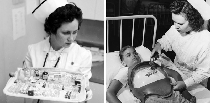 Медсестра (слева) с подносом лекарств (1956 г.) Пациент с полиомиелитом (справа) и медсестра, надевающая на него кирасный аппарат искусственной вентиляции лёгких