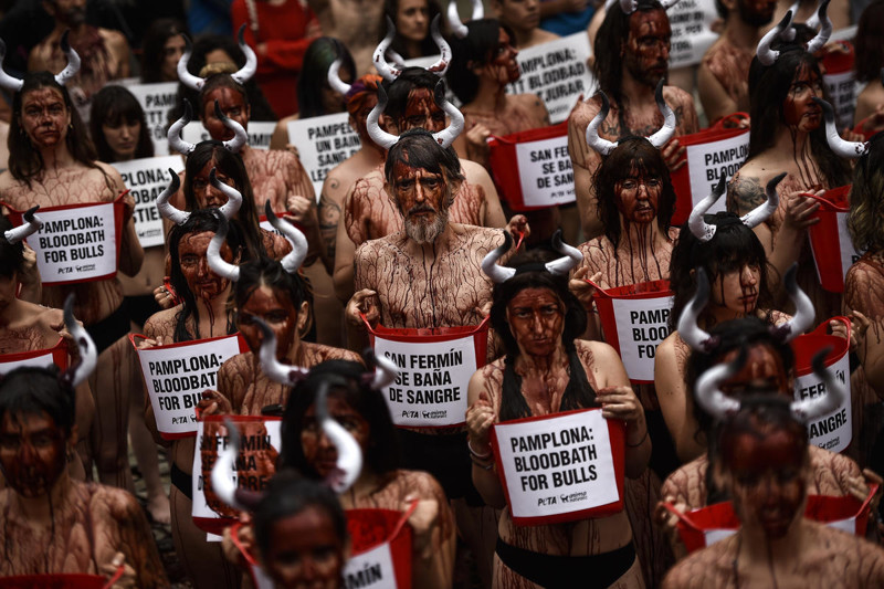 Десятки полуголых девушек устроили протест против испанского забега быков