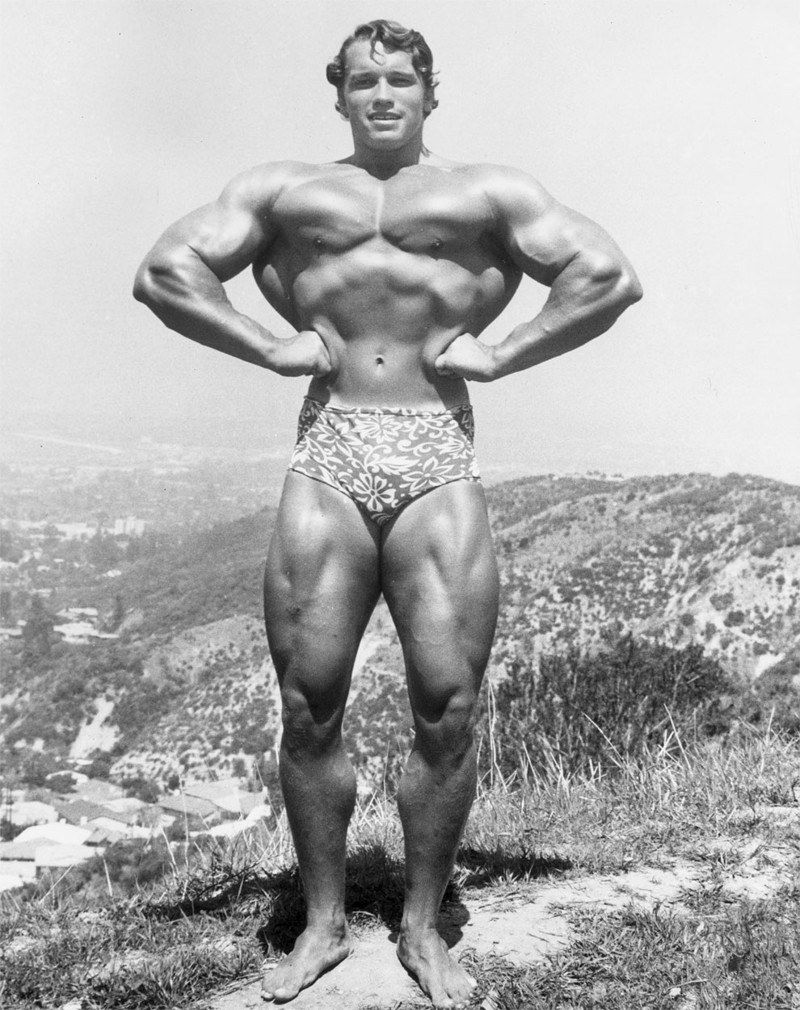  На вершине холма недалеко от Muscle-Бич, Санта-Моника, штат Калифорния, около 1966 г. Он носит плавки в цветочек. 