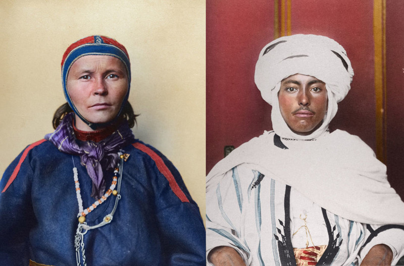 На фото слева: Лапландка из Финляндии. 1905 год. На фото справа: Алжирец. Примерно 1905–1914 годы