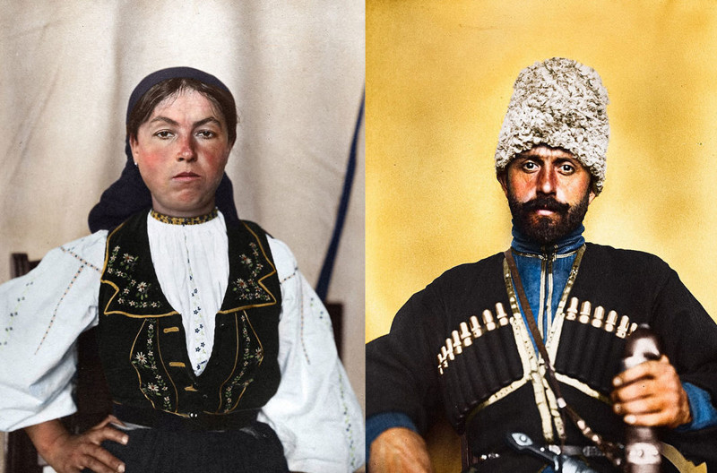 На фото слева: Румынка. Примерно 1905–1914 годы. На фото справа: Казак из России. Примерно 1905–1914 годы