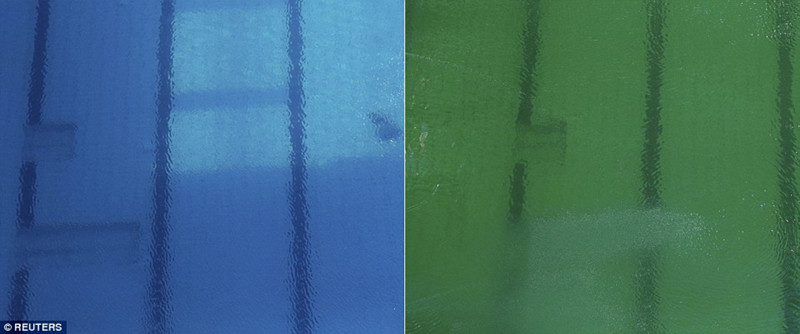 До и после: слева — вода в бассейне во вторник утром, справа — во вторник вечером.