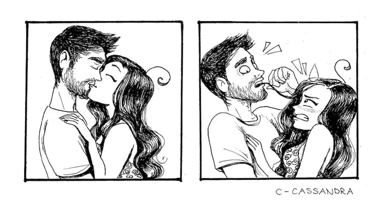Почему всякий раз, когда ты пробуешь новую технику поцелуя, вычитанную в последнем номере "Космо", вои волосы непременно лезут парню в рот?!