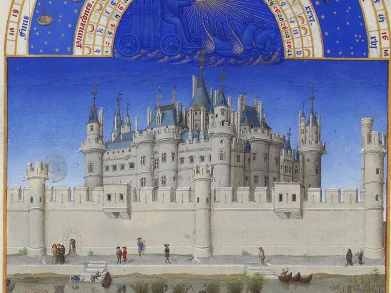К началу 1400-х годов, когда эта картина была написана, Париж уже был одним из крупнейших городов Европы, а может быть даже и самым большим. Здесь изображен замок на острове Сите.