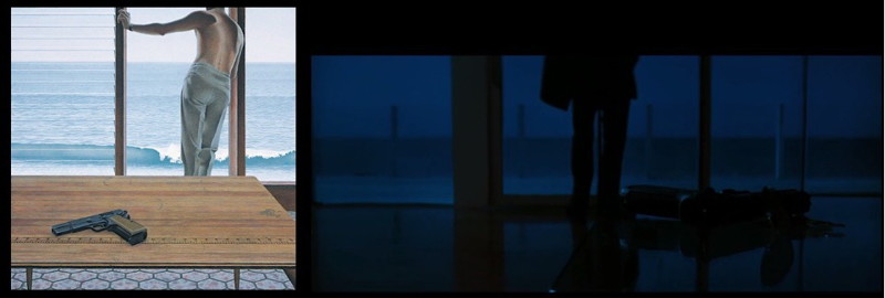 Картина «Тихий» (1967) американского художника Алекса Колвилла и кадр из фильма «Схватка» (1995) Майкла Манна