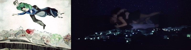Картина художника-авангардиста Марка Шагала «Над городом» (1918) и кадр из фильма Джонатана Глейзера «Сексуальная тварь» (2000)