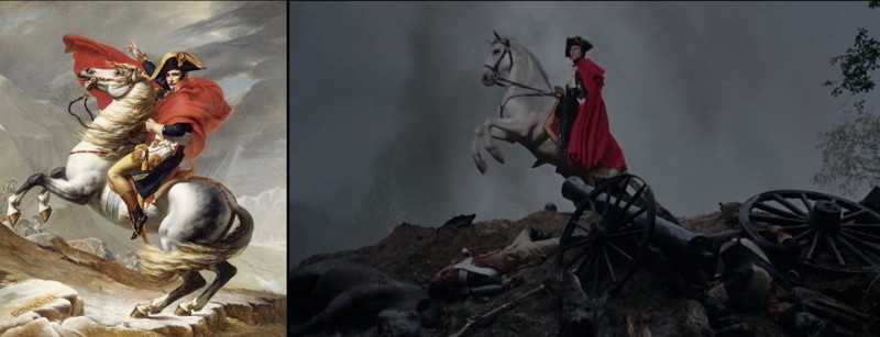 Картина Жака Луи Давида «Наполеон пересекает Альпы в Сен-Бернар Пасс» (1801) и кадр из фильма «Мария-Антуанетта» (2006) Софии Копполы