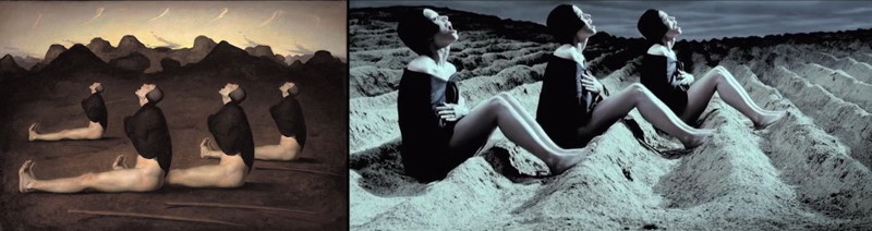 Картина норвежского художника-фигуративиста Одда Нердрума «Рассвет» (1989) и кадр из фильма Тарсема Сингха «Клетка» (2000)