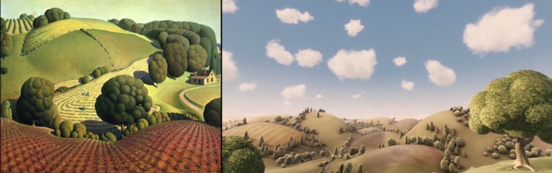 Картина американского художника Гранта Вуда «Молодая кукуруза» (1931) и кадр из фильма Воображариум доктора Парнаса (2009)