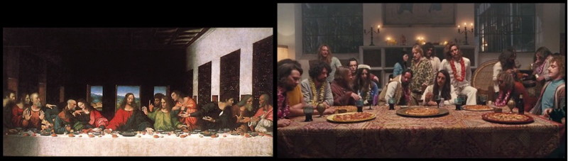 Фреска Леонардо да Винчи «Тайная вечеря» и кадр из комедийного кинофильма Пола Томаса Андерсона «Врождённый порок» (2014)