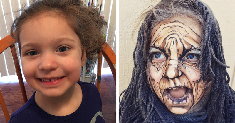 Превращение 3-летней девочки в старую ведьму при помощи макияжа