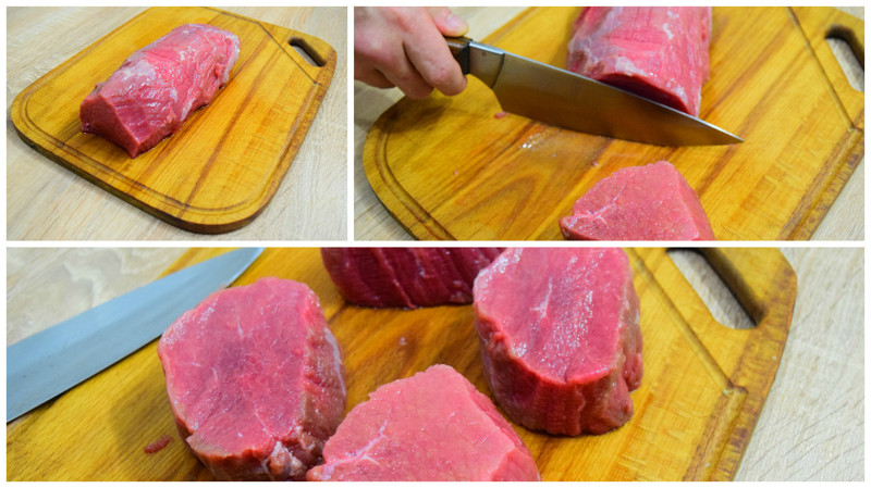 Разрезаем вырезку на стейки толщиной 2-2.5 см