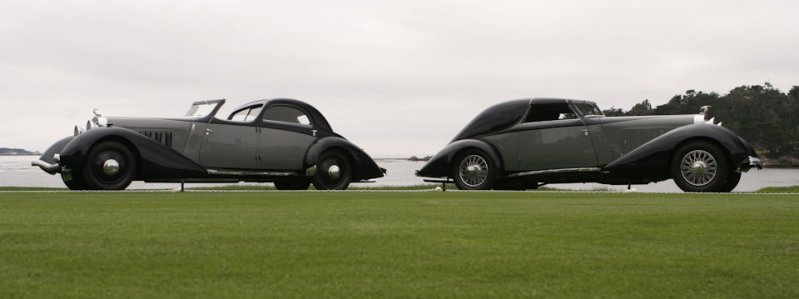 Образец более ранних европейских работ Говарда Даррина: пара Hispano-Suiza (K6 Coupé Chauffeur слева и J12 Coupé de Ville справа), построенные ателье Fernandez et Darrin в 1934 году для Энтони Ротшильда и его жены