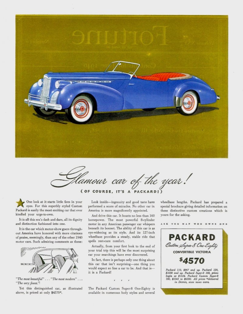 Та самая реклама 1940 года в журнале Fortune, провозглашающая Packard-Darrin 180 Convertible Victoria гламурным автомобилем года