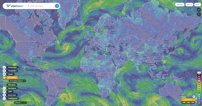 Визуализация погоды на Земле  .  ventusky.com