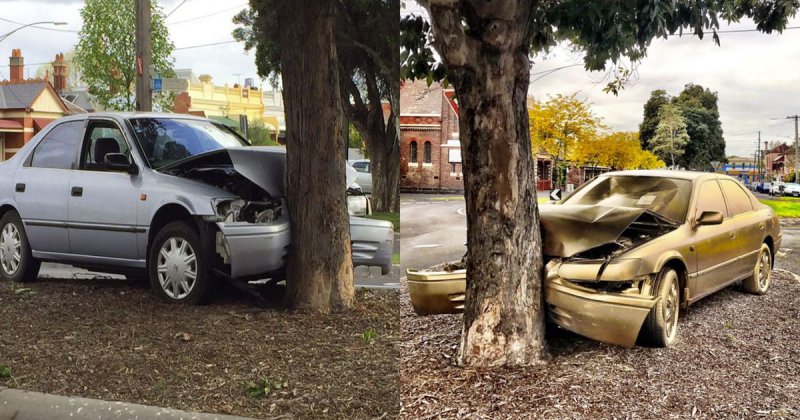 Австралийский художник превратил разбитый автомобиль в позолоченный памятник