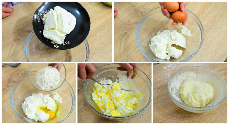 Для теста смешиваем творог (400 грамм), яйца (2 шт), мука (3 ст. ложки)
