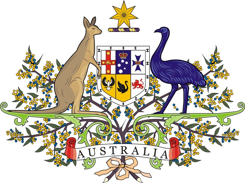 Герб Австралии - ветви эвкалипта, кенгуру и эму 