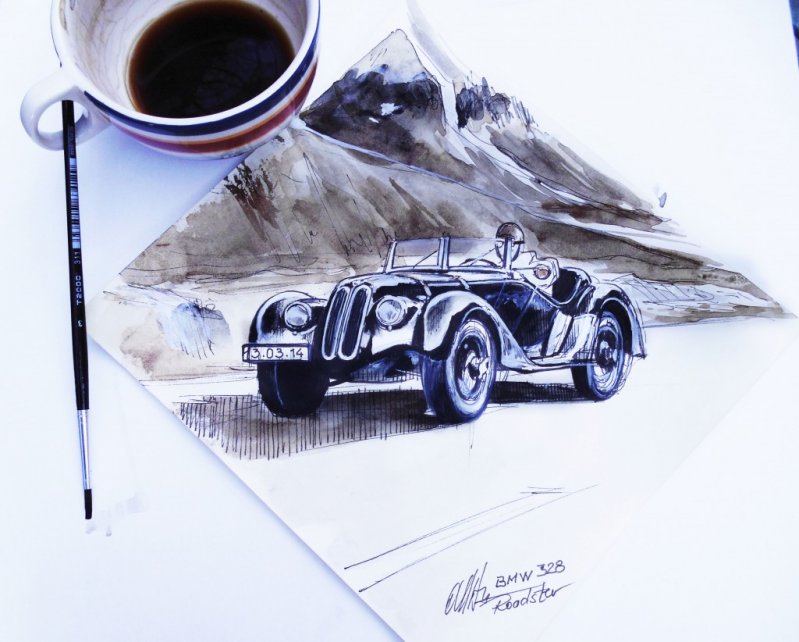 Румынский художник рисует автомобили при помощи кофе