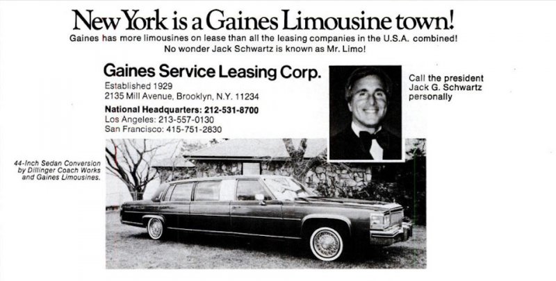 Реклама Dillinger-Gaines 1981 года в New York Magazine. На фото — типичный лимузин, произведенный компанией на базе Cadillac.