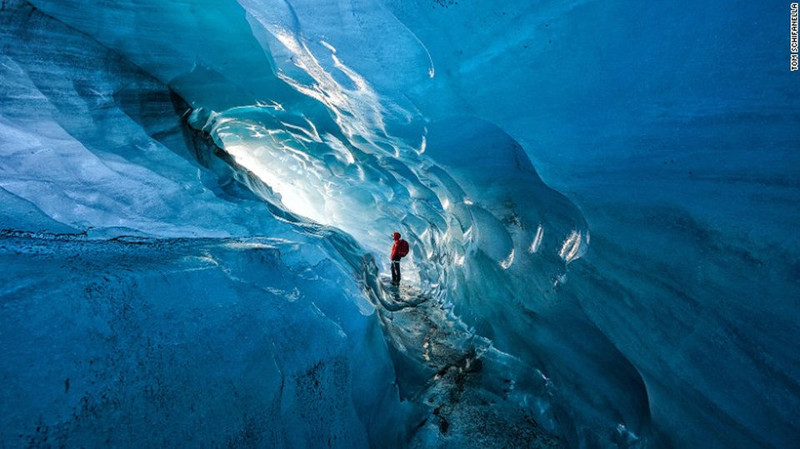 Начиная с 2000 года, исландские ледники потеряли 12% от своего первоначального размера. Показанный ниже исландский гид Ханна Петурсдоттир восхищается ледяной пещерой внутри ледника Svínafellsjökull. 