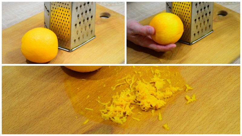 Апельсин используем по полной, сперва на мелкую терку снимем цедру.