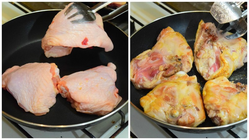 Сперва с двух сторон обжариваем куриные бедрышки, на сухой сильно разогретой сковороде