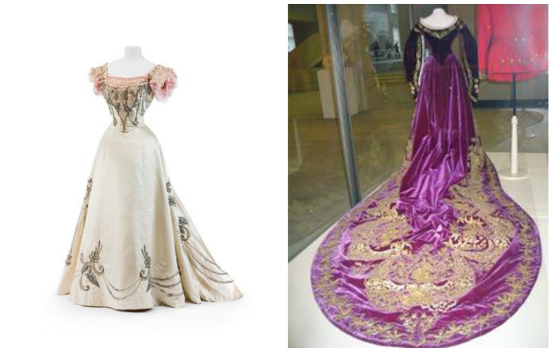 Вечернее платье, Европа, 1895 и платье со шлейфом, Россия, 19 век. Длина шлейфа регулировалась положением в обществе - самый длинный у Императрицы