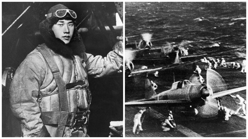 Японский пилот у своего бомбардировщика незадолго до атаки/Авианосец "Секаку"