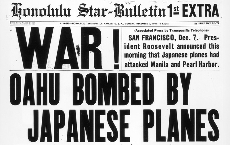 Газета от 7 декабря 1941 года: "Война! Оаху разбомбили японские самолеты"