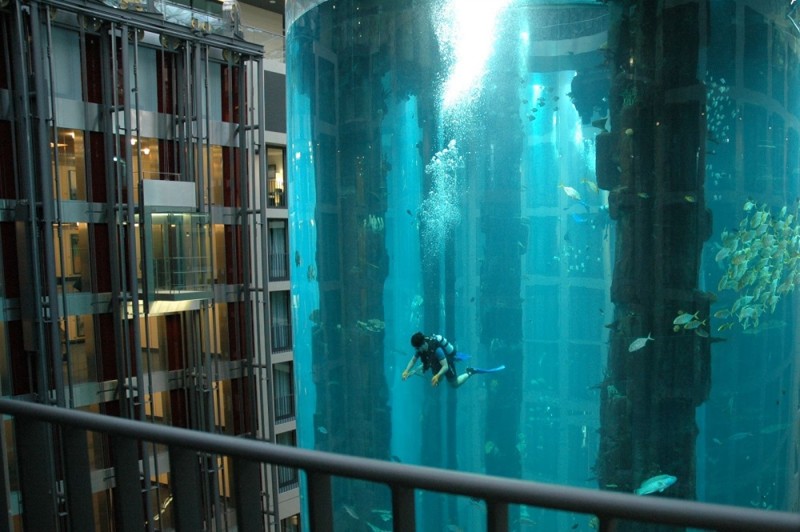 Этот удивительный гигантский аквариум — часть шахты лифта. В аквариуме живет более 1500 рыб
