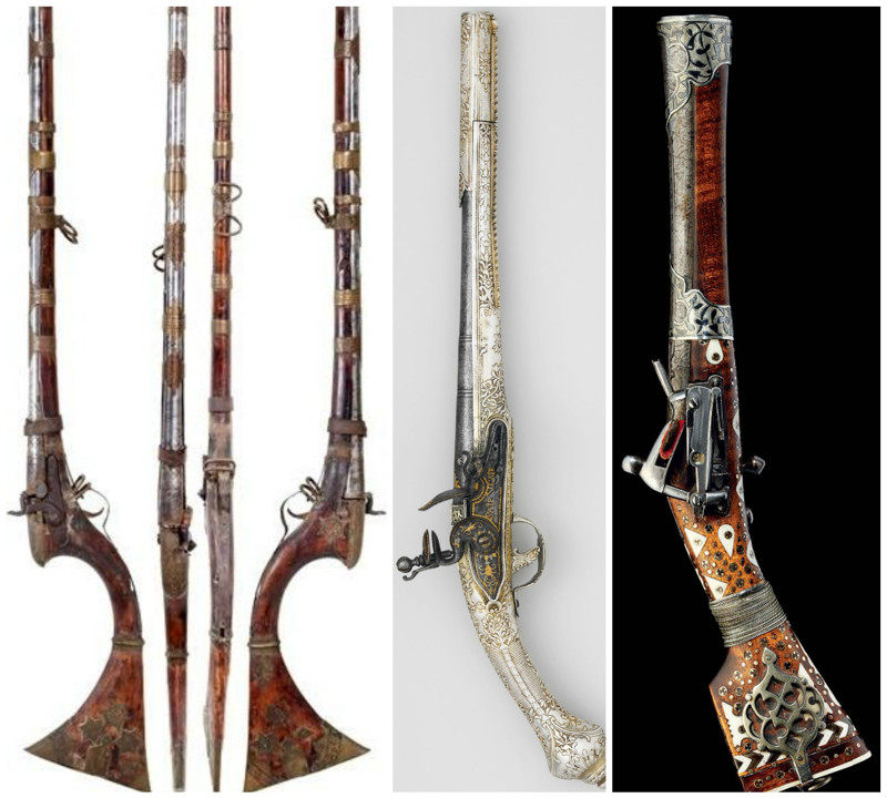 Индийский (Синд) фитильное ружье, 18-го века; Османский кремневый пистолет, 18-го века; Персидский (Каджаров) мушкетон, в начале 19-го века 