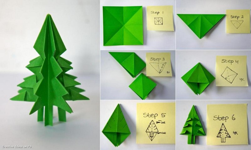 Новогодние ёлки из бумаги - схема сборки оригами по шагам