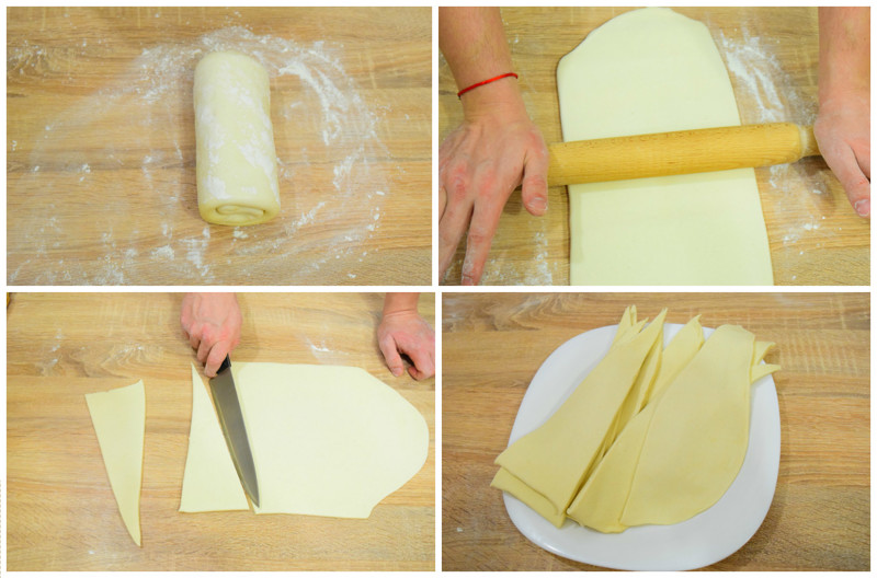 Раскатываем тесто в огромный прямоугольник (ну или что то похожее на прямоугольник) и режем на треугольники