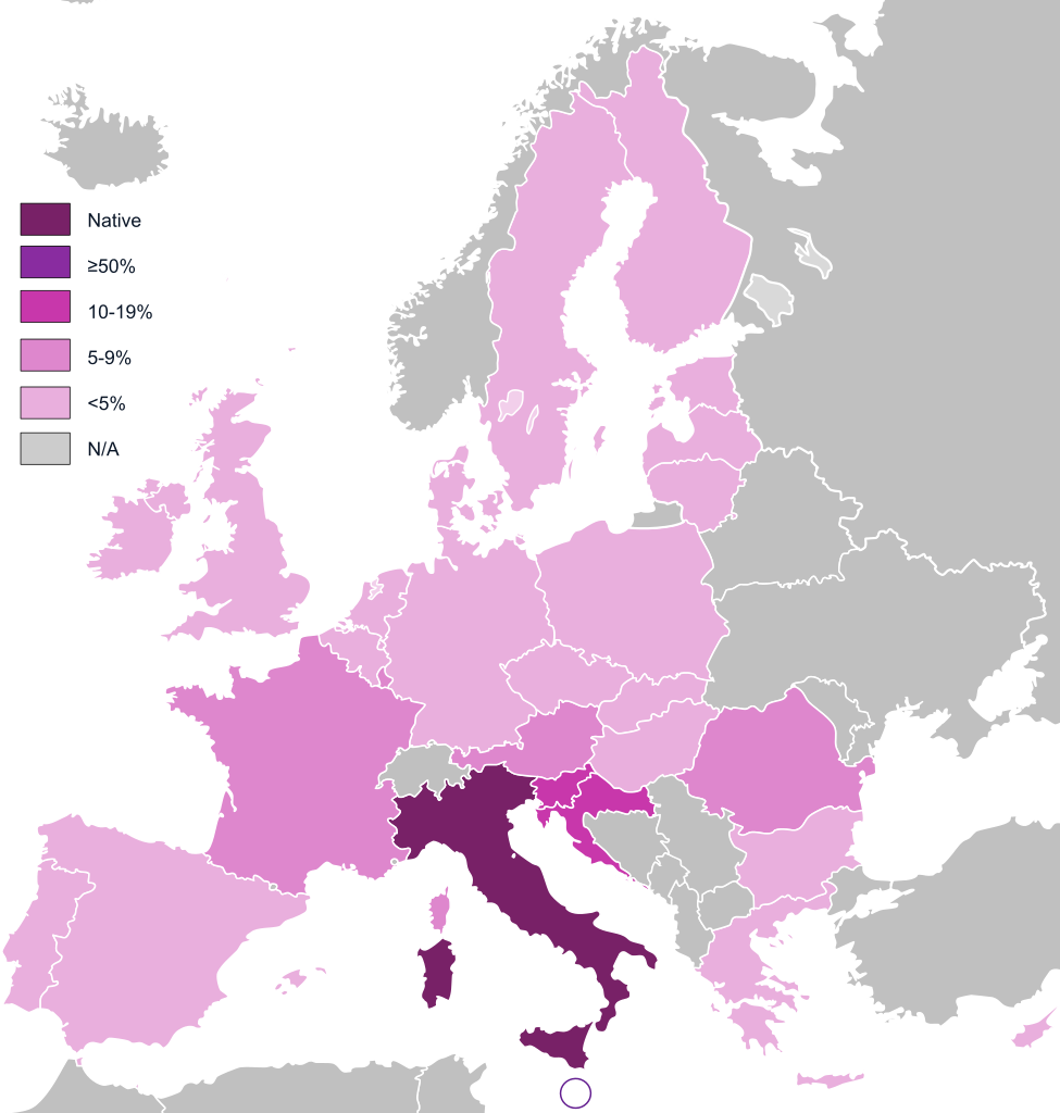 Какой процент населения в странах Европы знает итальянский язык 