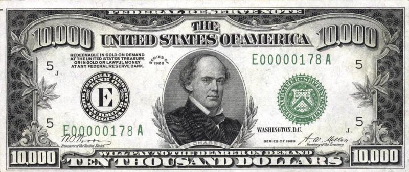 •	Глава Министерства Финансов во время правления президента Линкольна, а впоследствии глава Верховного Суда США Сэлмон Чейз (англ. Salmon Chase) — на банкноте в $10 000