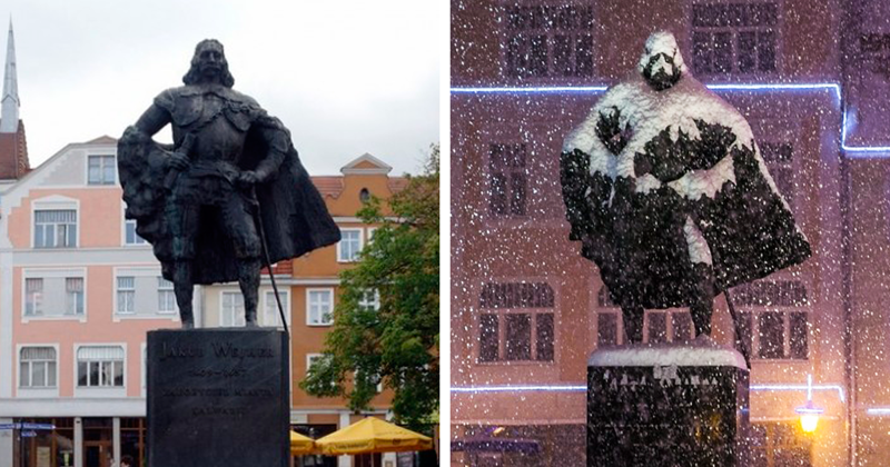 Польский памятник, похожий на Дарта Вейдера после снегопада