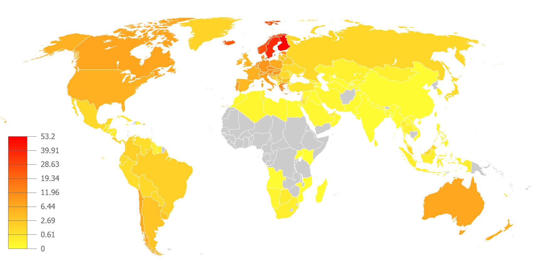 13. Число метал-групп на 100000 человек (2012 год)