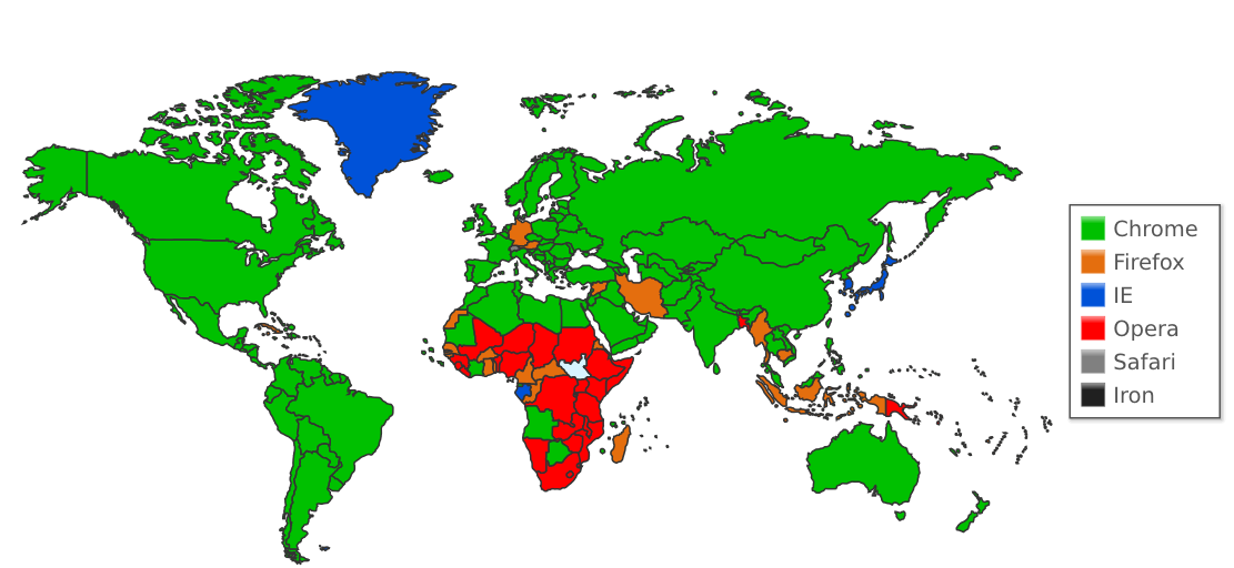 17. Распространение браузеров по странам мира в 2014 году
