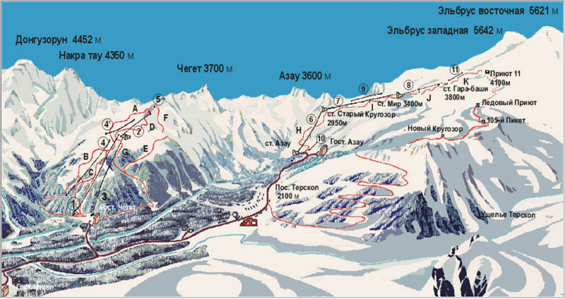 Вот как выглядит схема горнолыжных трасс на Эльбрусе