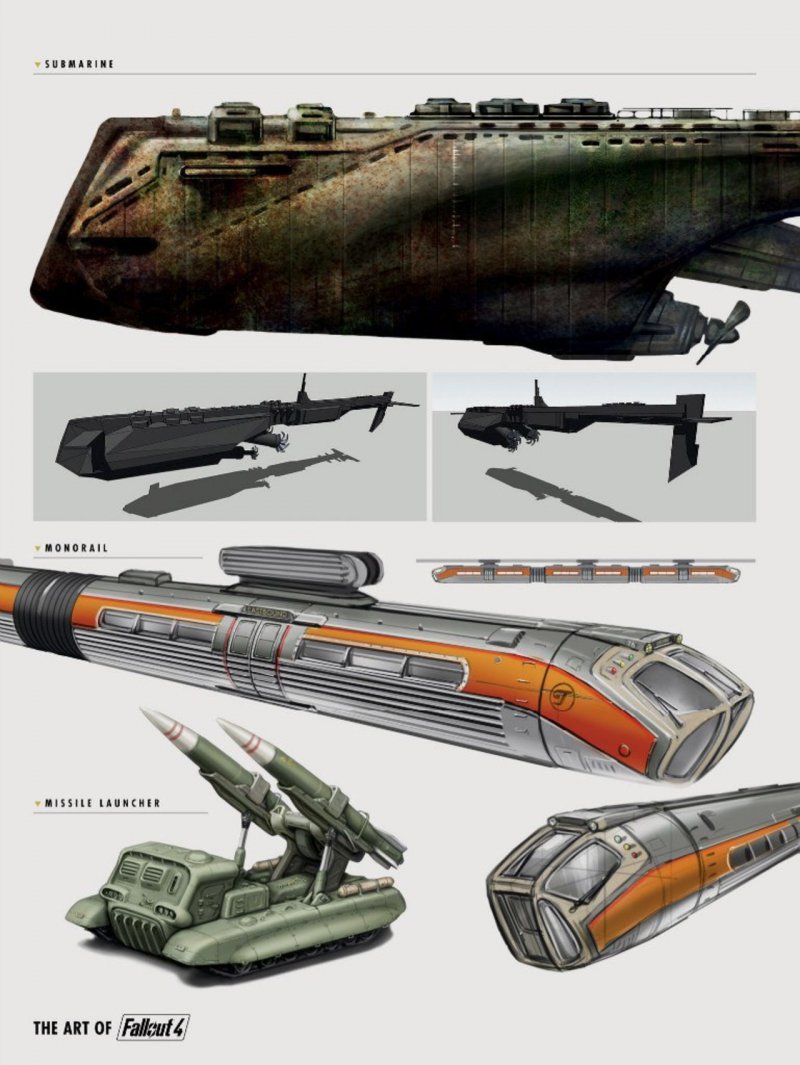 Сверху: подводная лодка, в середине: монорельс, внизу: ракетная установка.