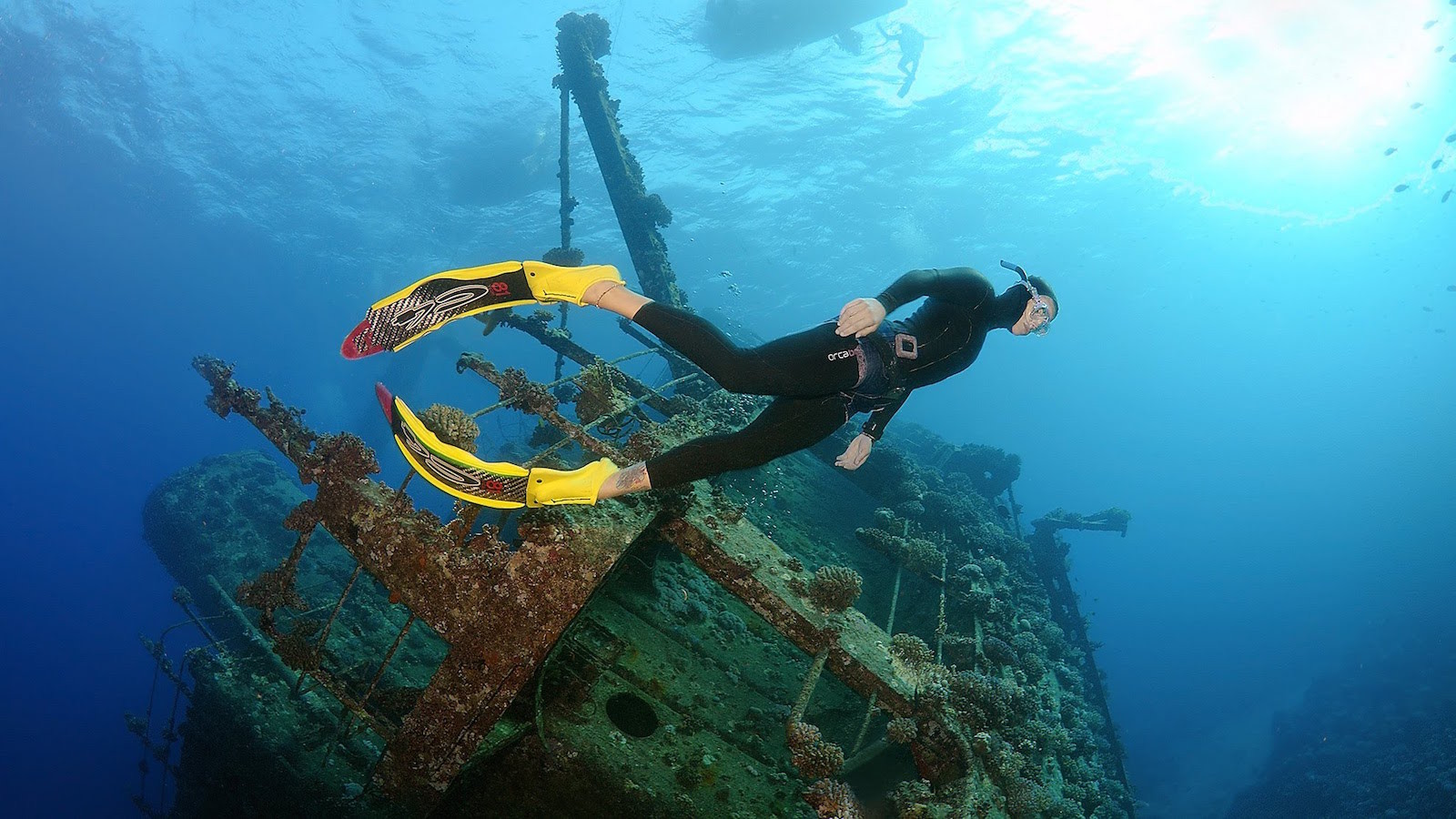 Дайвер на фоне греческого торгового судна GIANNIS D, затонувшего в Красном море. Моря и океаны, интересное, подводный мир